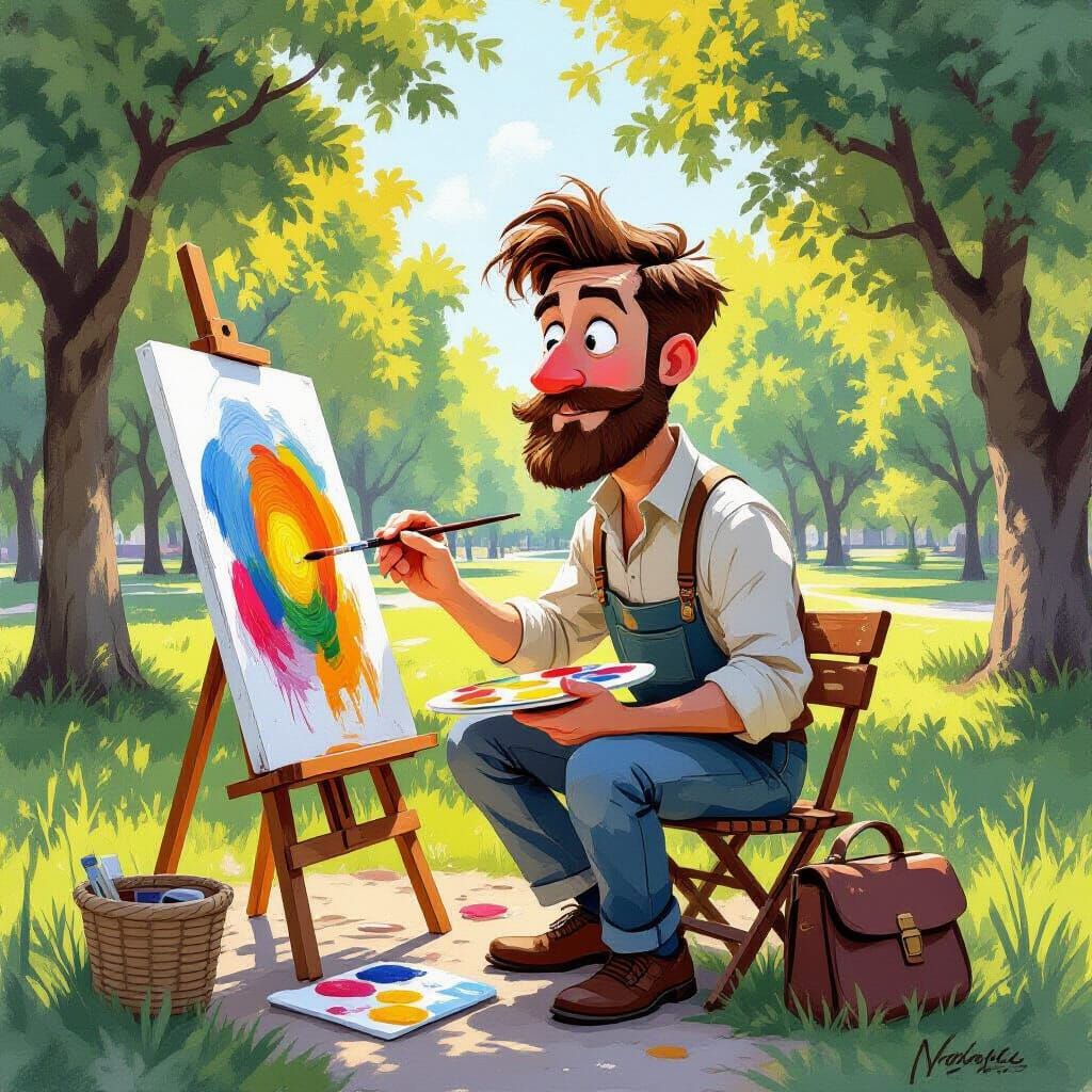 Man Painting in Park as Gouache Watercolor Masterpiece