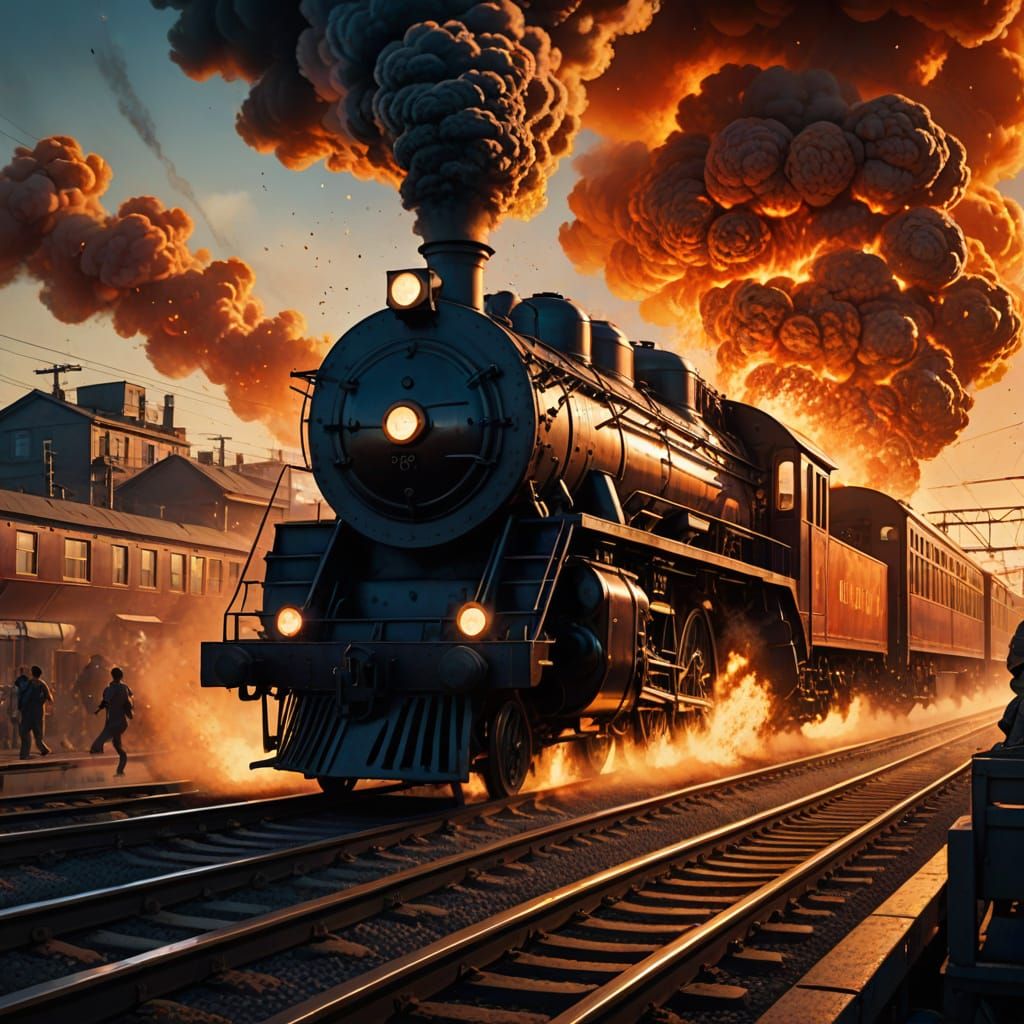 a silhouette of a man standing on top of a moving steam train, created by Hideaki Anno and Katsuhiro Otomo and Rumiko Ta...