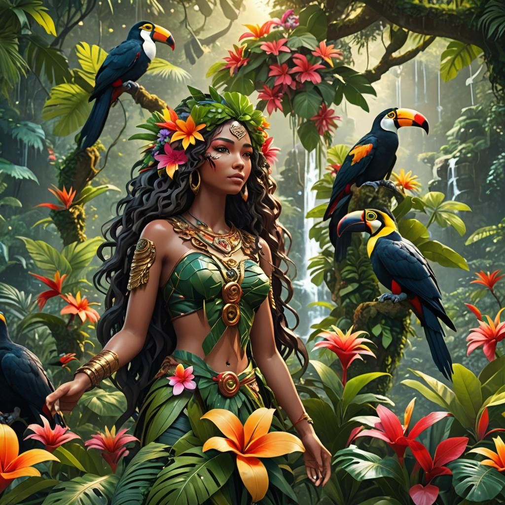 Lush Jungle Goddess with Toucans: 3D Anime Art