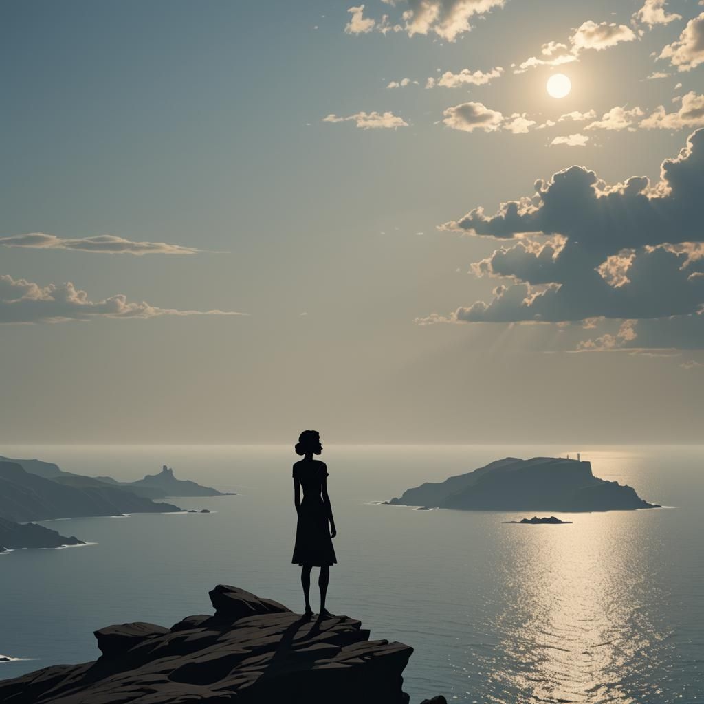 Cliffside Silhouette: Woman Gazing at Sea