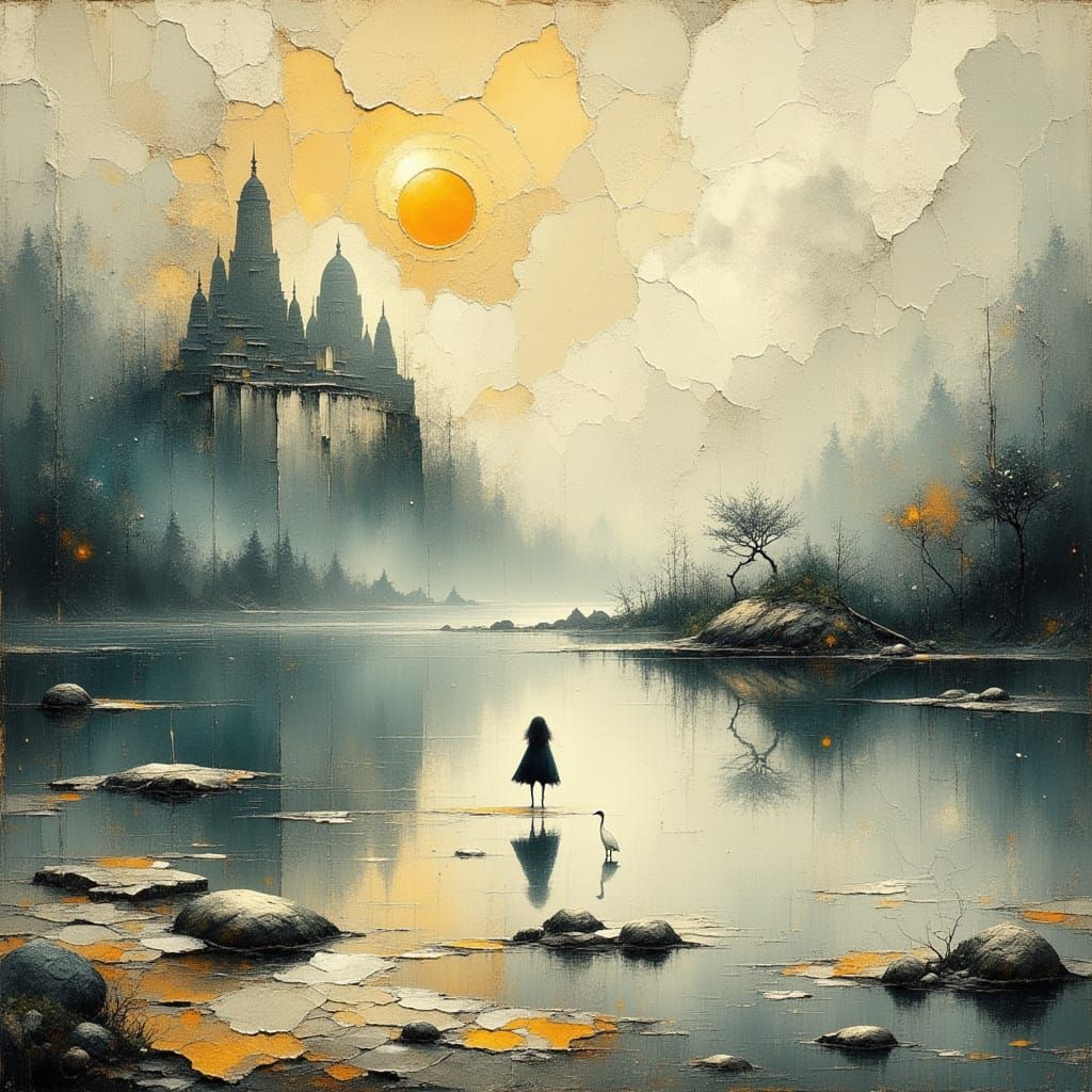 Heron and Egret in Mystical Water Temple Landscape