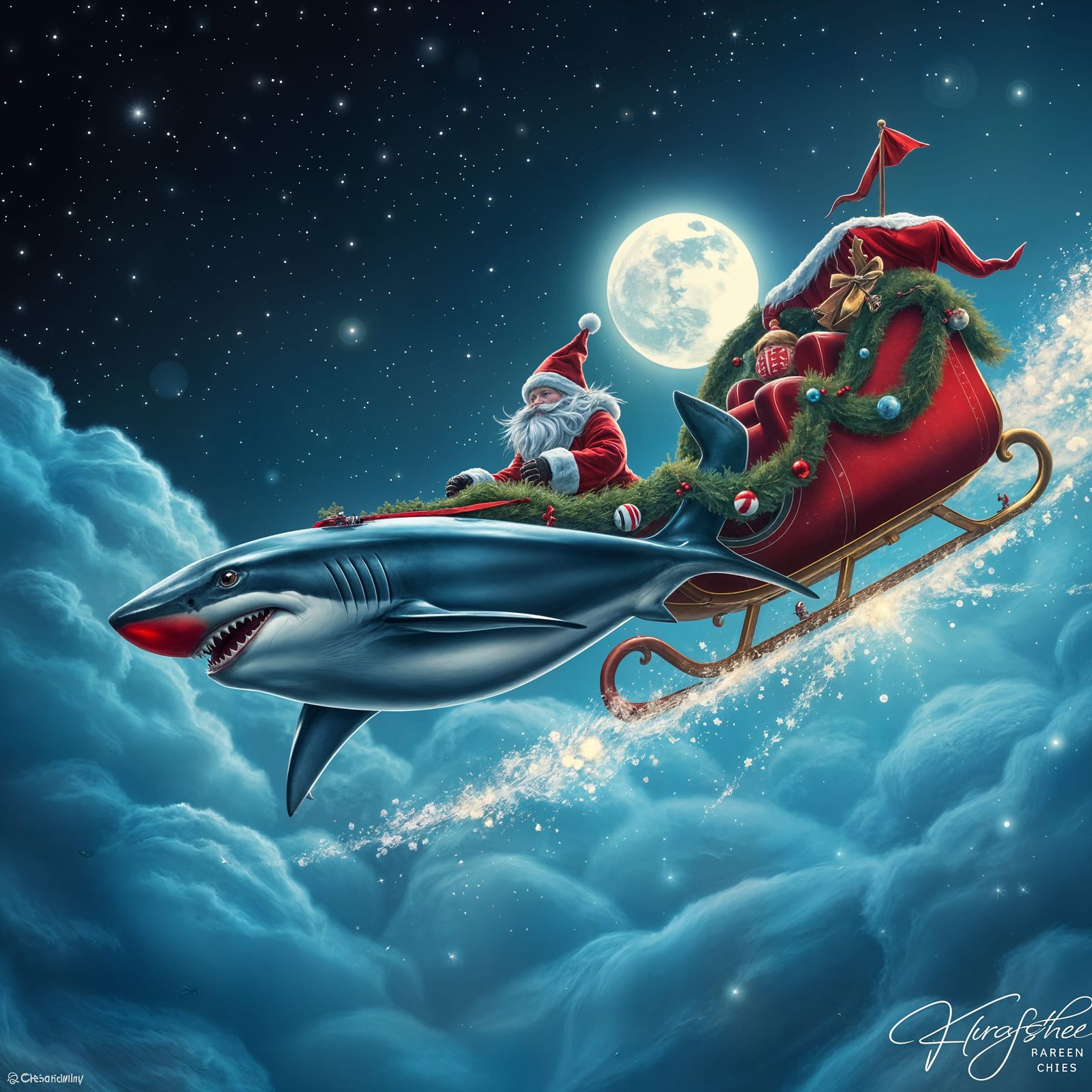 Santa's Sleigh Pulled by Great White Sharks in Cyberpunk Chr...