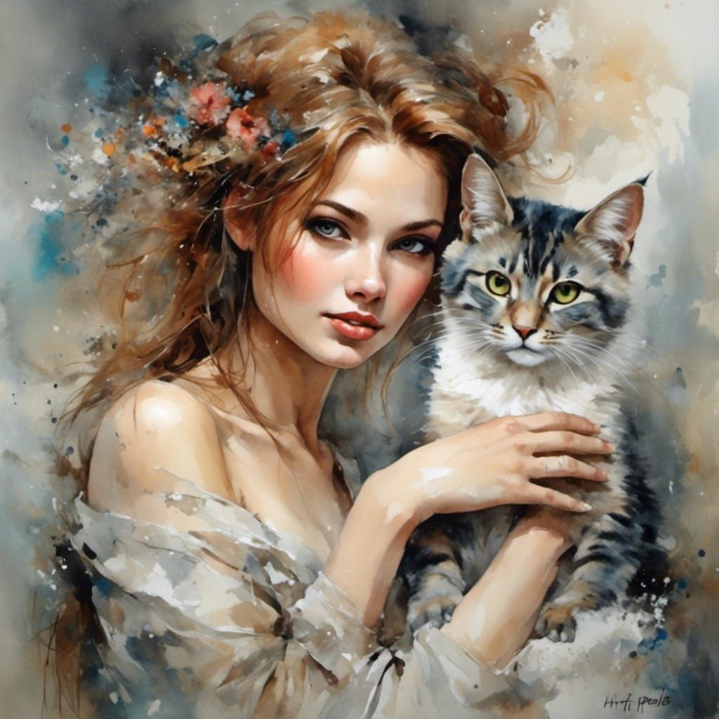 Surreal Woman with Cat in Vintage Style