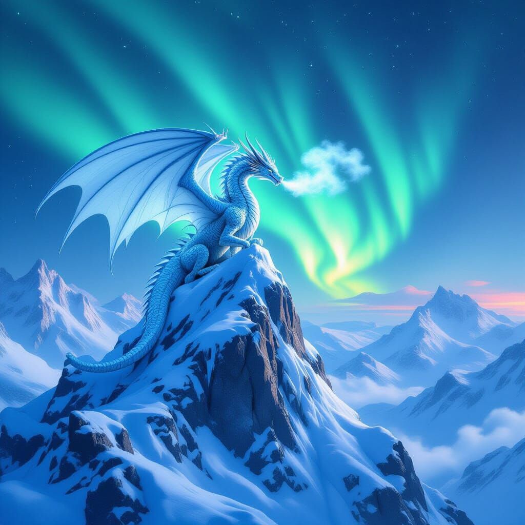 Majestic Ice Dragon in Aurora Borealis Fantasy Art