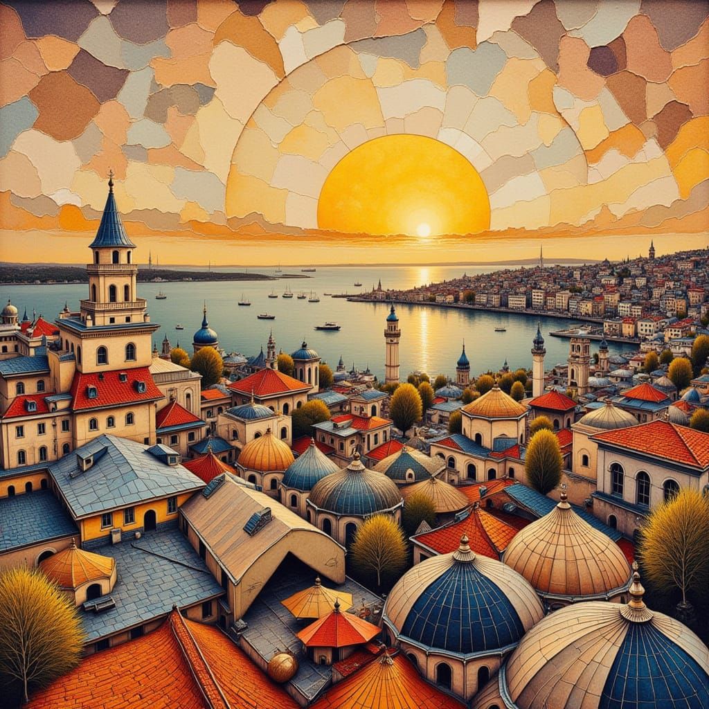 Istanbul's Bosphorus Strait at Sunset, in Mixed-Media Style