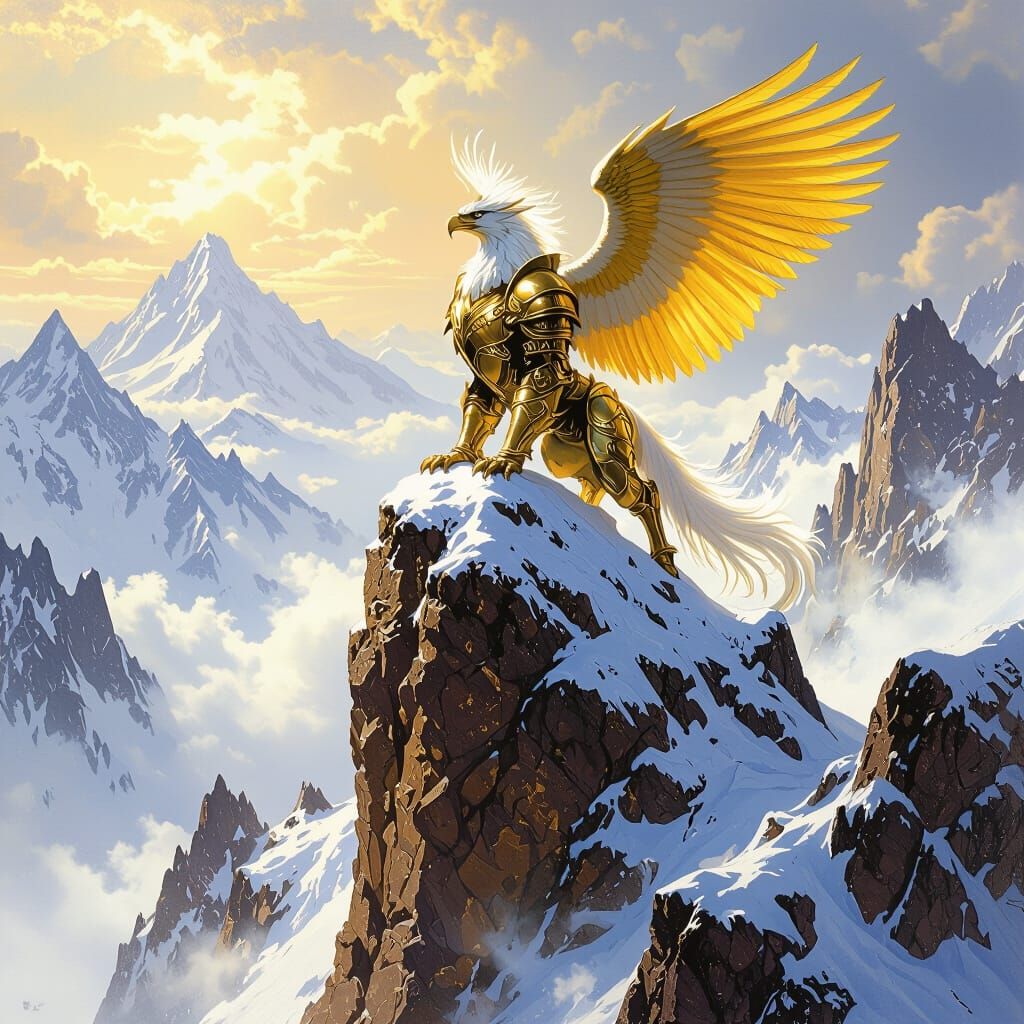 Armored Griffin Perched on Snow Mountain, Fantasy Art