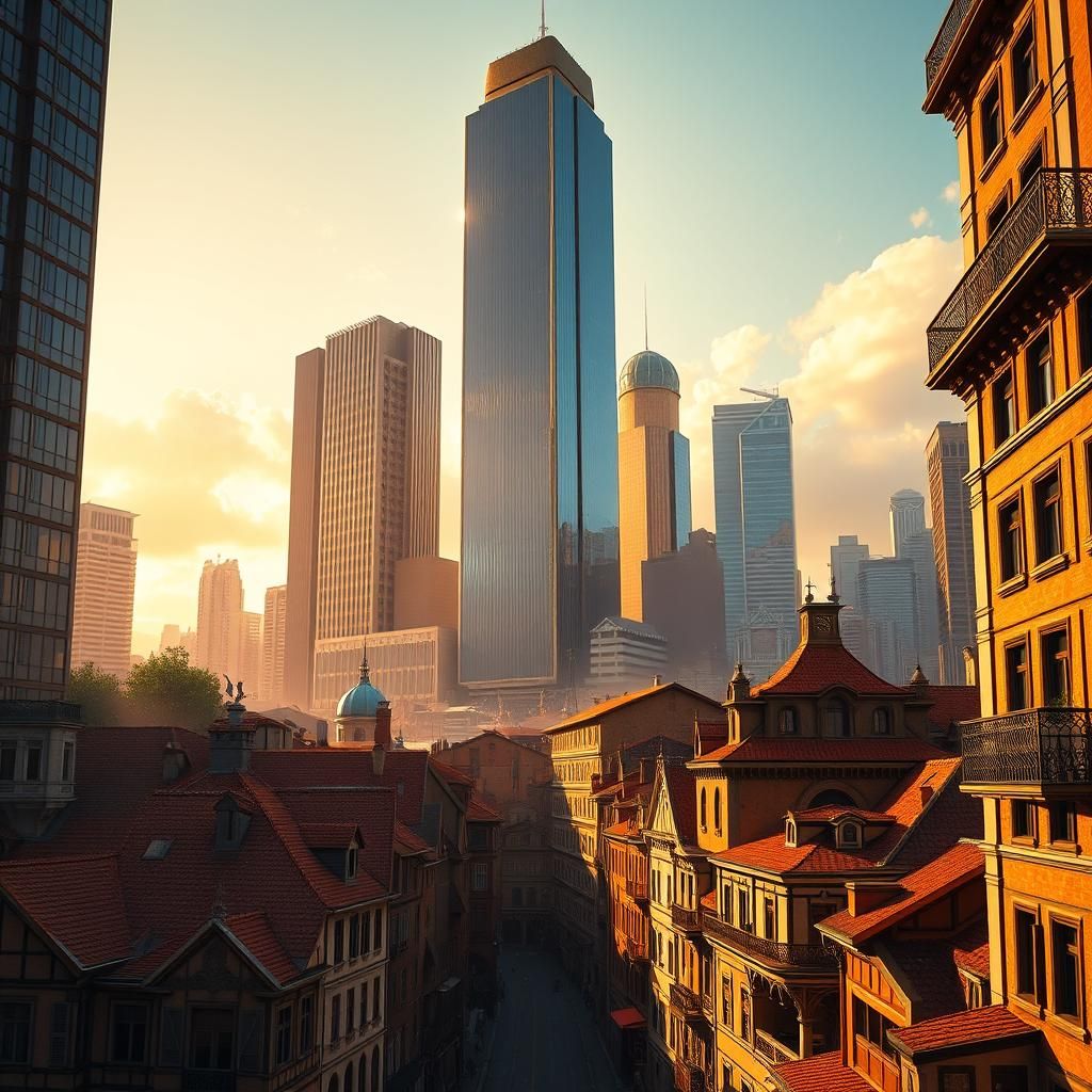 Golden Skyscraper Dominates Metropolis in Fantasy Art