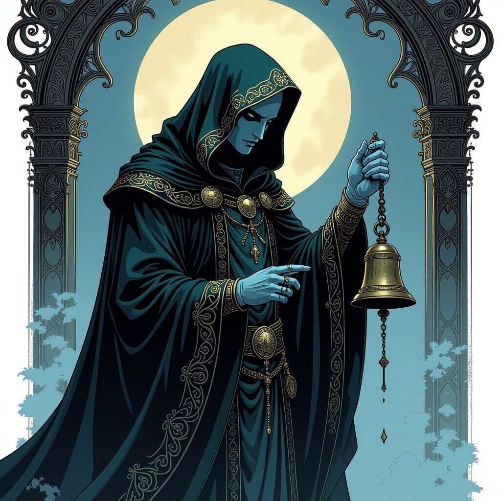 Mystical Figure Tolling Bell in Comic Book Style