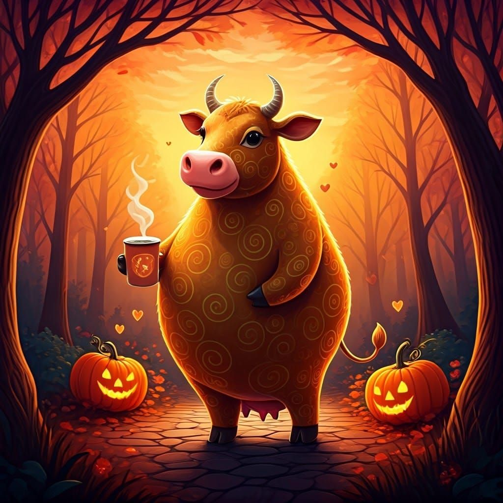 Whimsical Cow with Pumpkin Spice Latte in Autumn