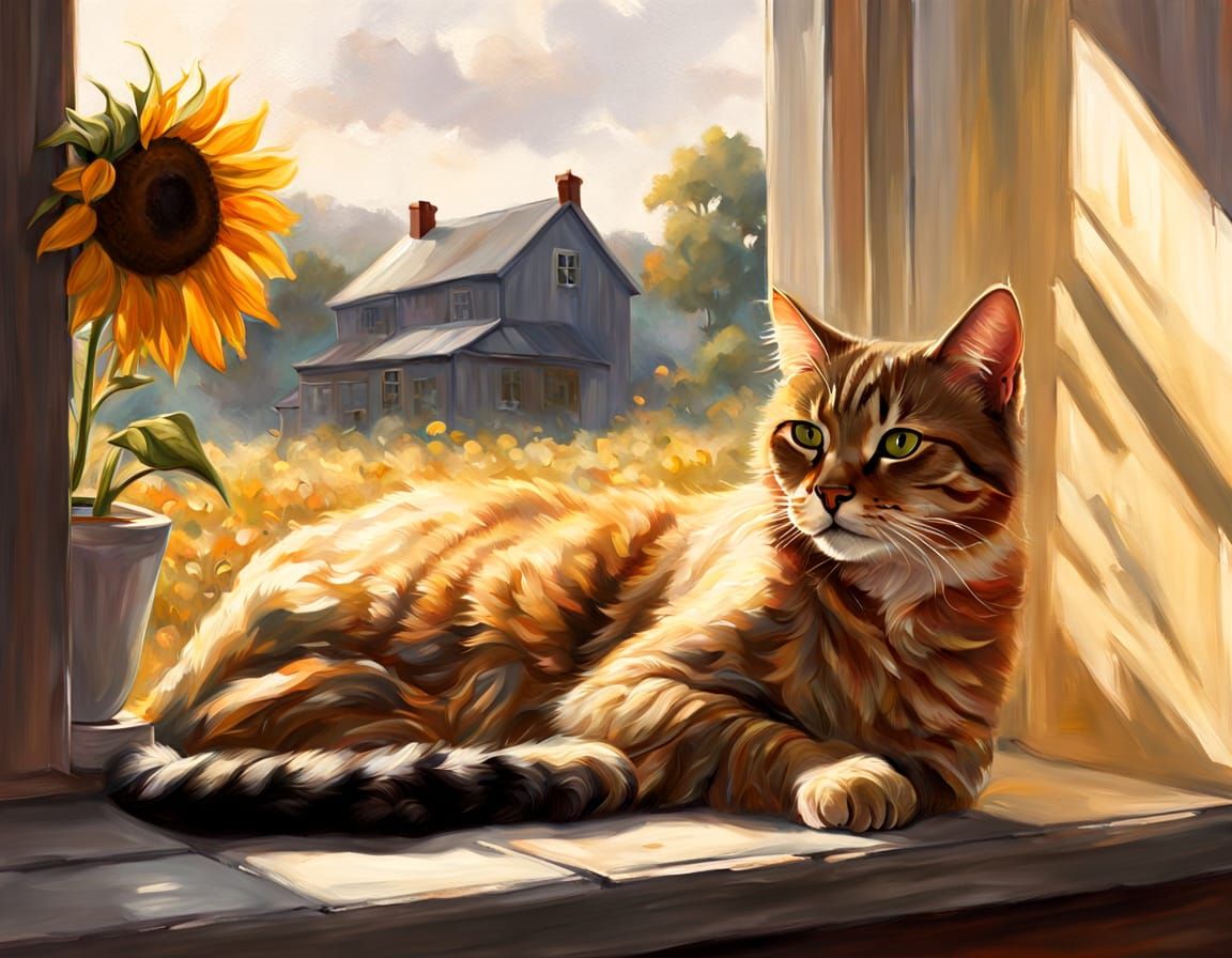 Realistic Cat Stretching on Window Sill in Golden Hour Light