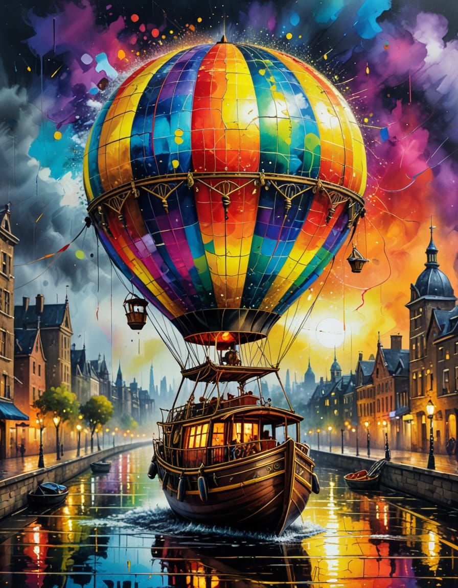 Steampunk Hot Air Balloon Over Night City