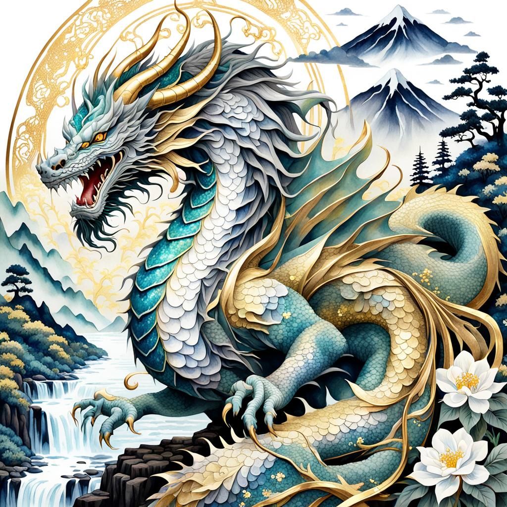 Iridescent Dragon in Japanese Watercolor Style