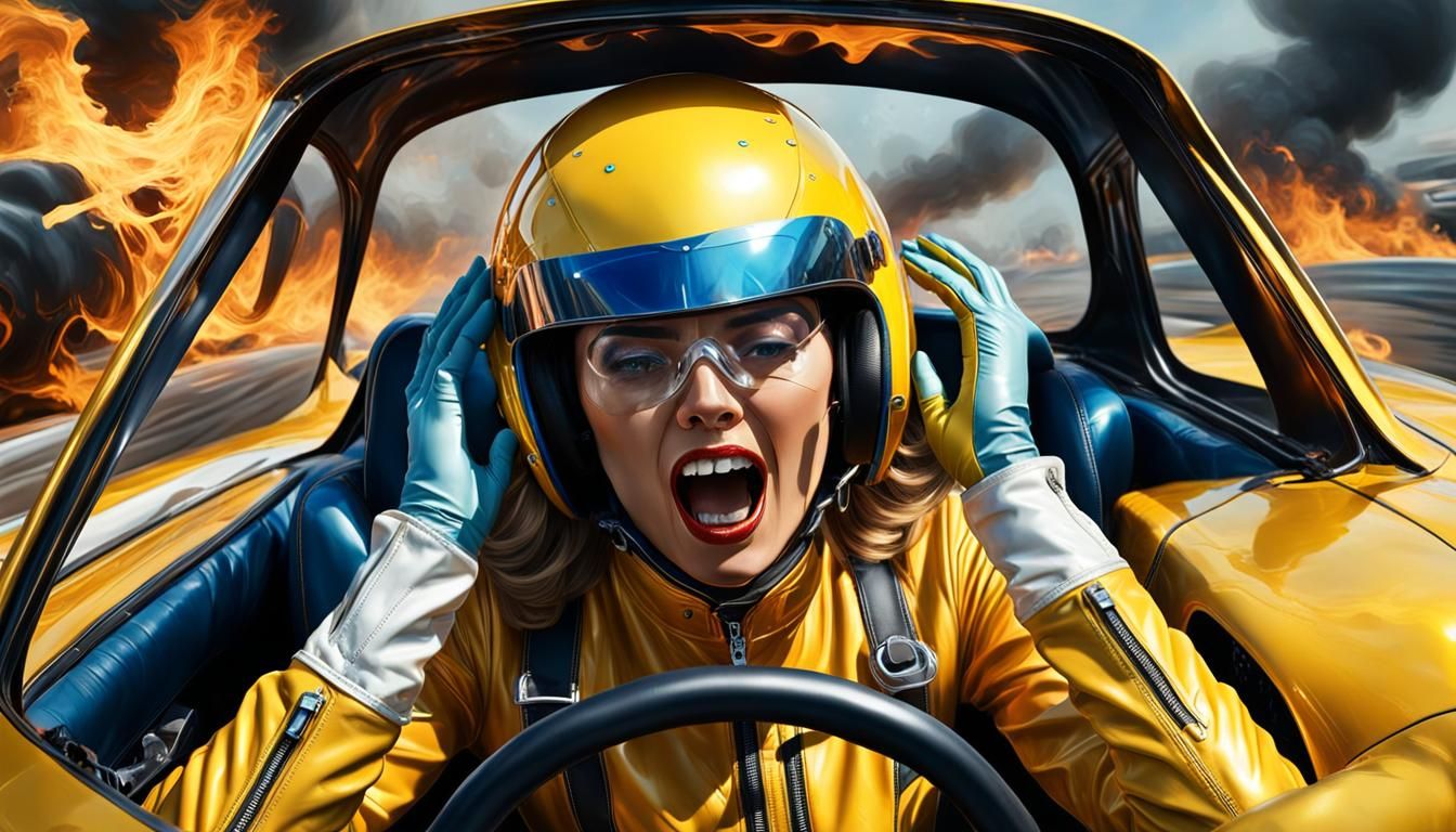 Distressed Racer in Burning Car: Hyperrealistic Splash Art