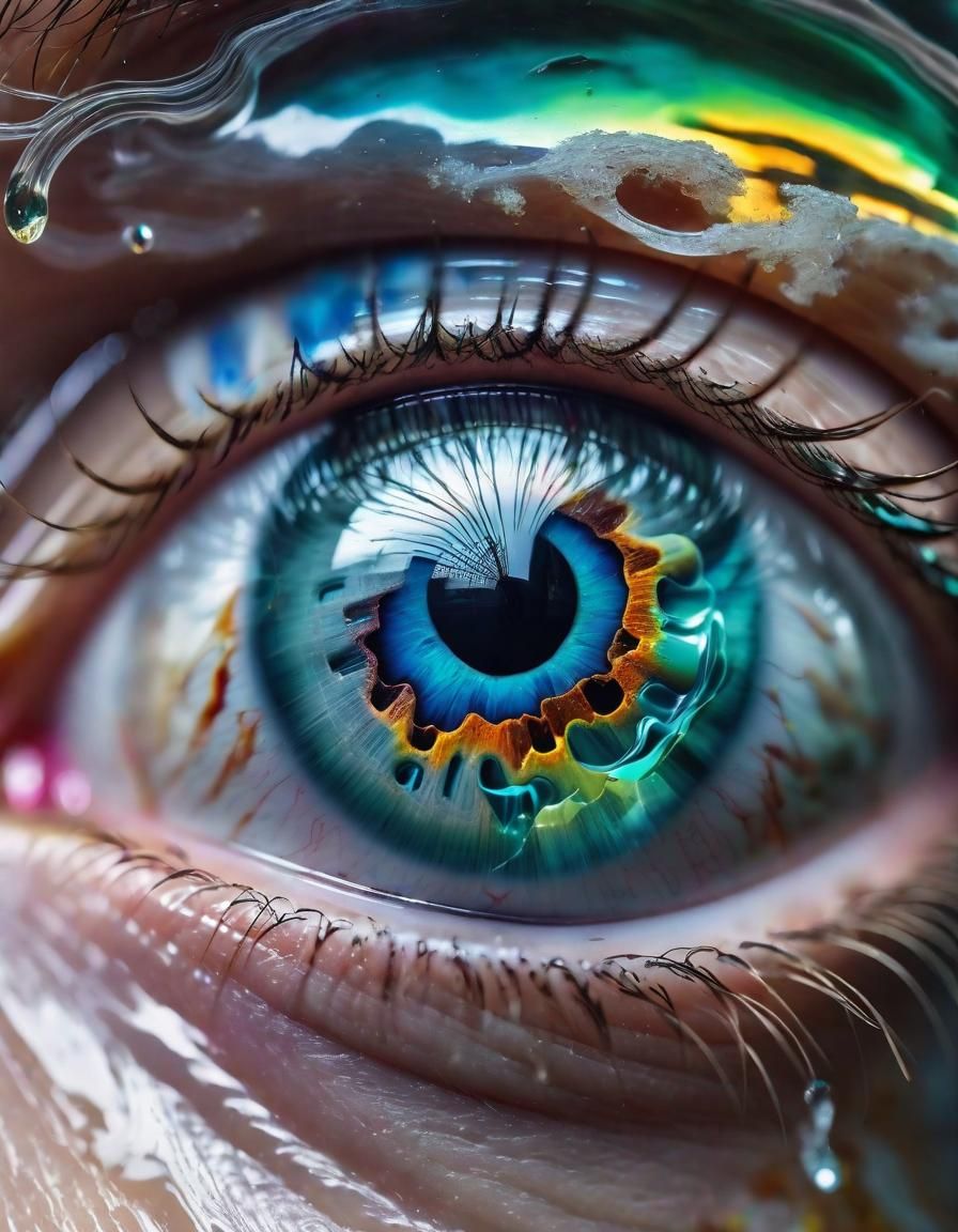 Macro Eye with Swirling Colors and City Reflection