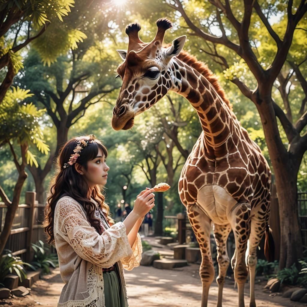 Girl Feeds Giraffe at Zoo in Anime Style