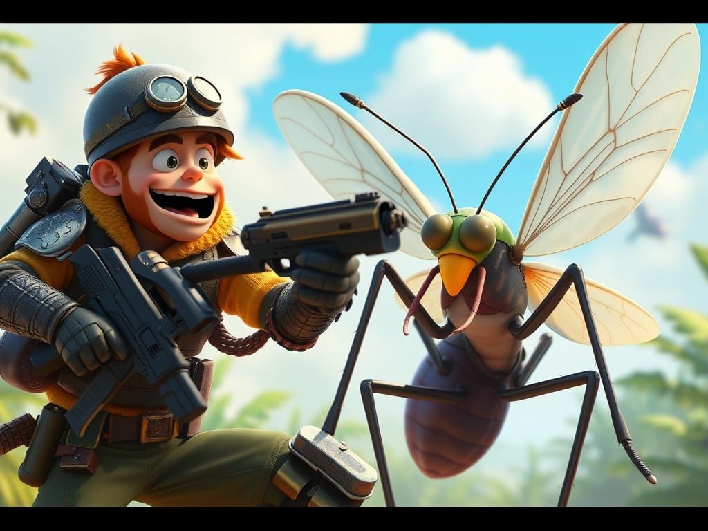 Human Warrior Fights Giant Mosquito in Pixar Style
