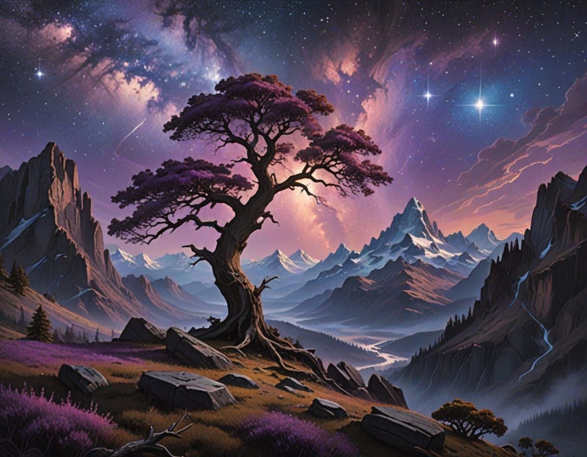 Cosmic Oak: Hyperrealistic Tree Under Nebula Sky