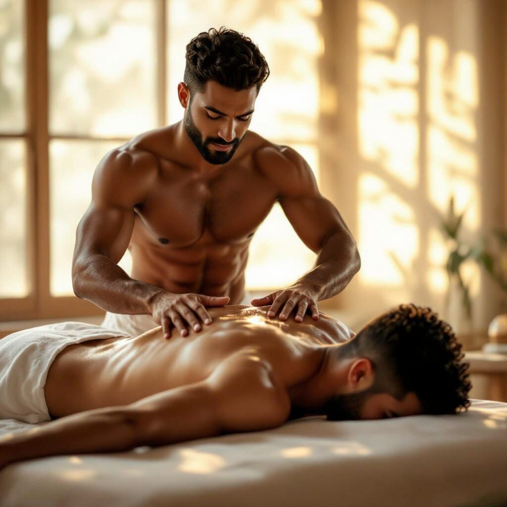 Ayurvedic Massage Scene With Golden Hour Glow