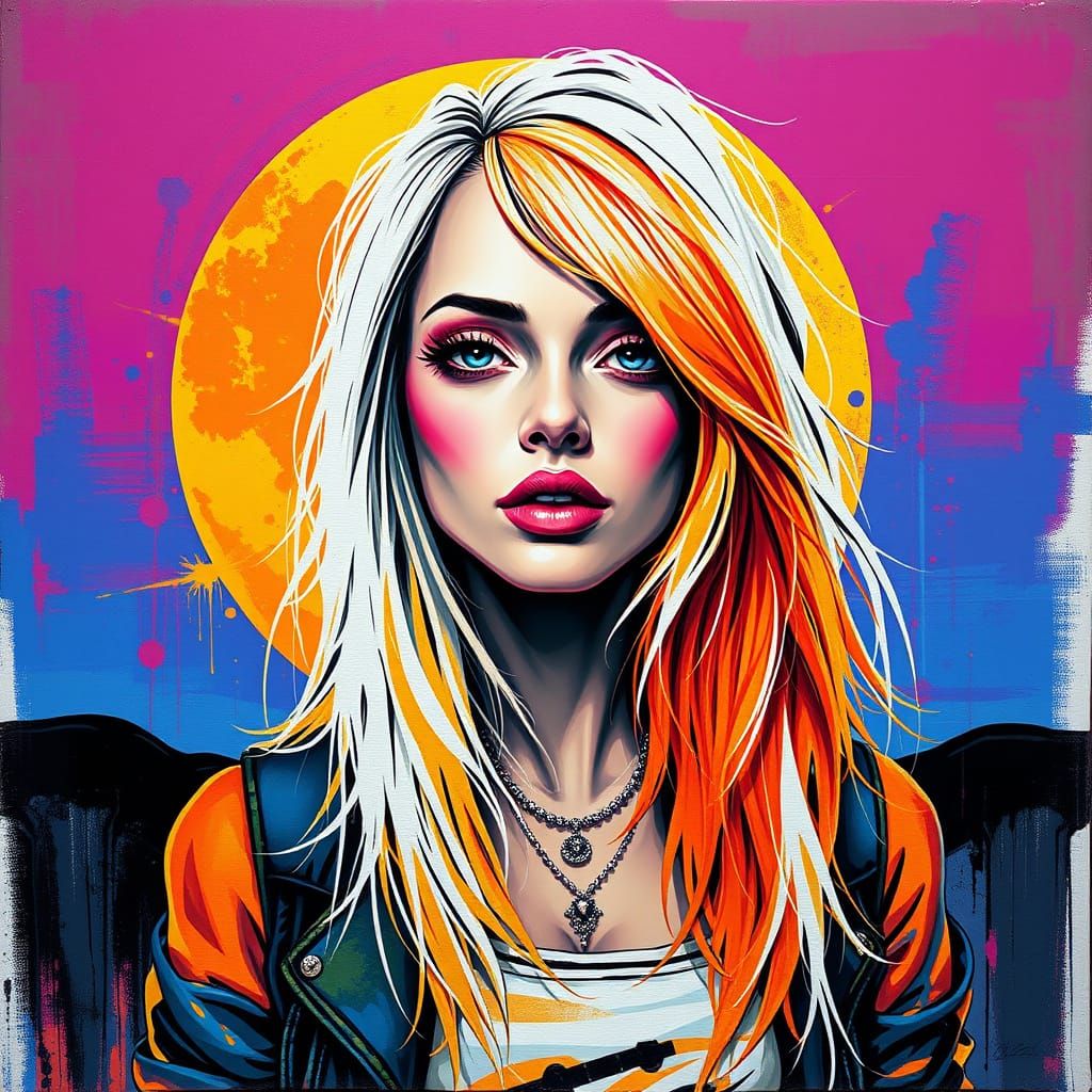 Dynamic Graffiti Art of a Woman with Dual-Toned Hair