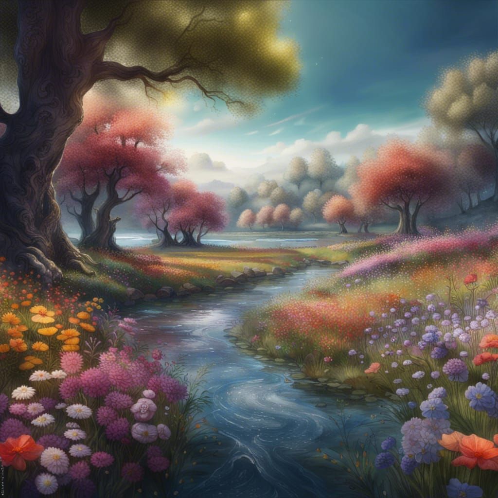 Watercolor Meadow with River and Trees