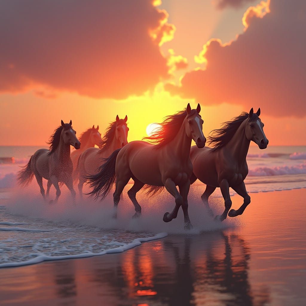 Majestic Sunset on a Fantastical Beach with Free-Roaming Hor...