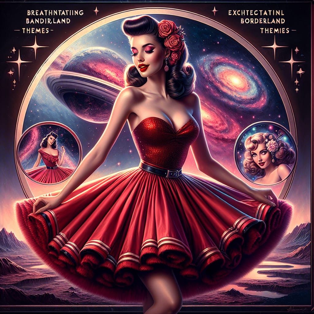 1950s Pin-Up Girl in Zero Gravity Galaxy