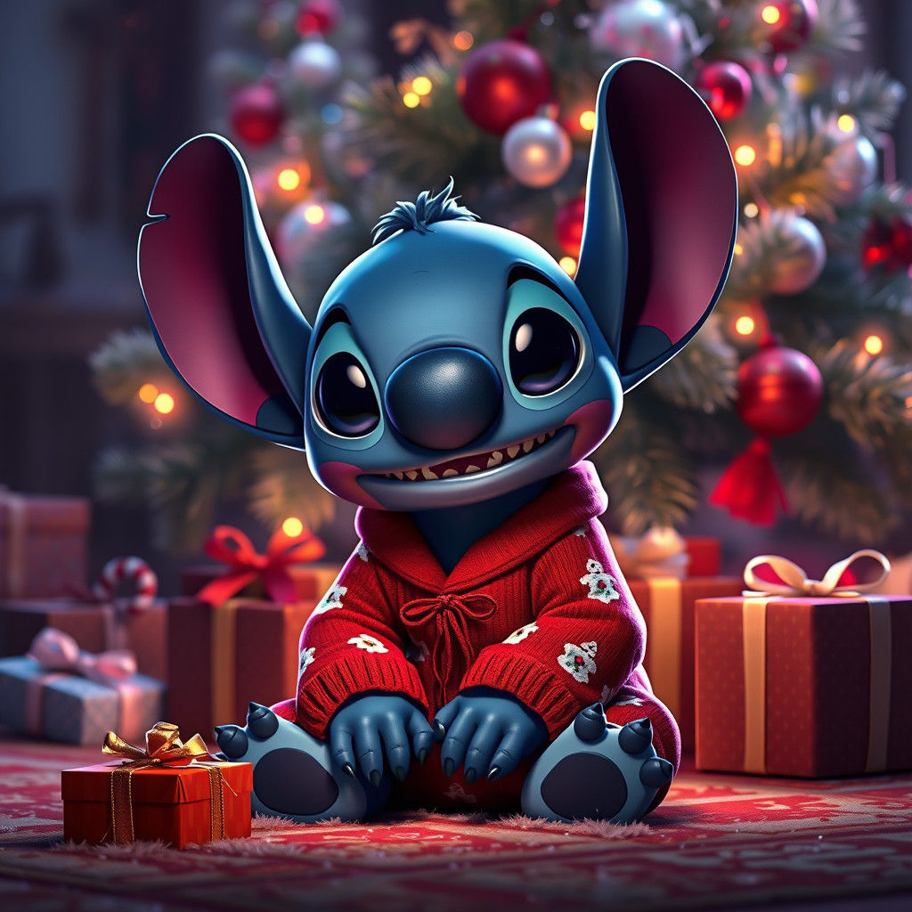 Stitch in Christmas Pajamas by Christmas Tree