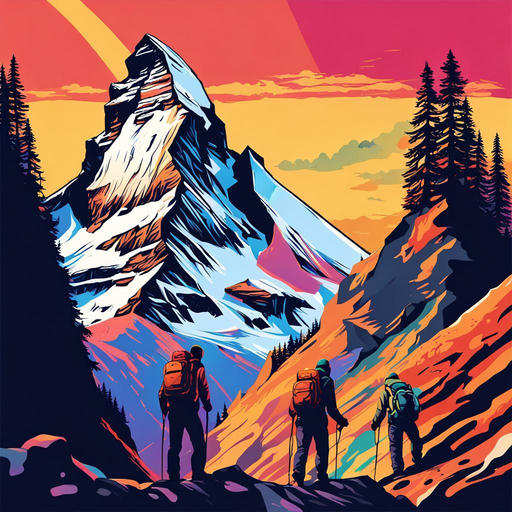 Matterhorn Climbers in Flat Vector Graffiti Art