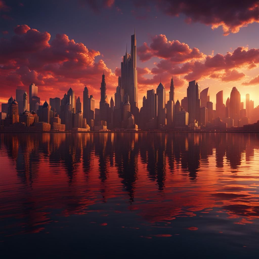 Surreal Cityscape at Sunset: Fantasy Concept Art