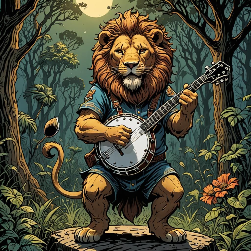 Lion Plays Banjo in Comic Book Art Style
