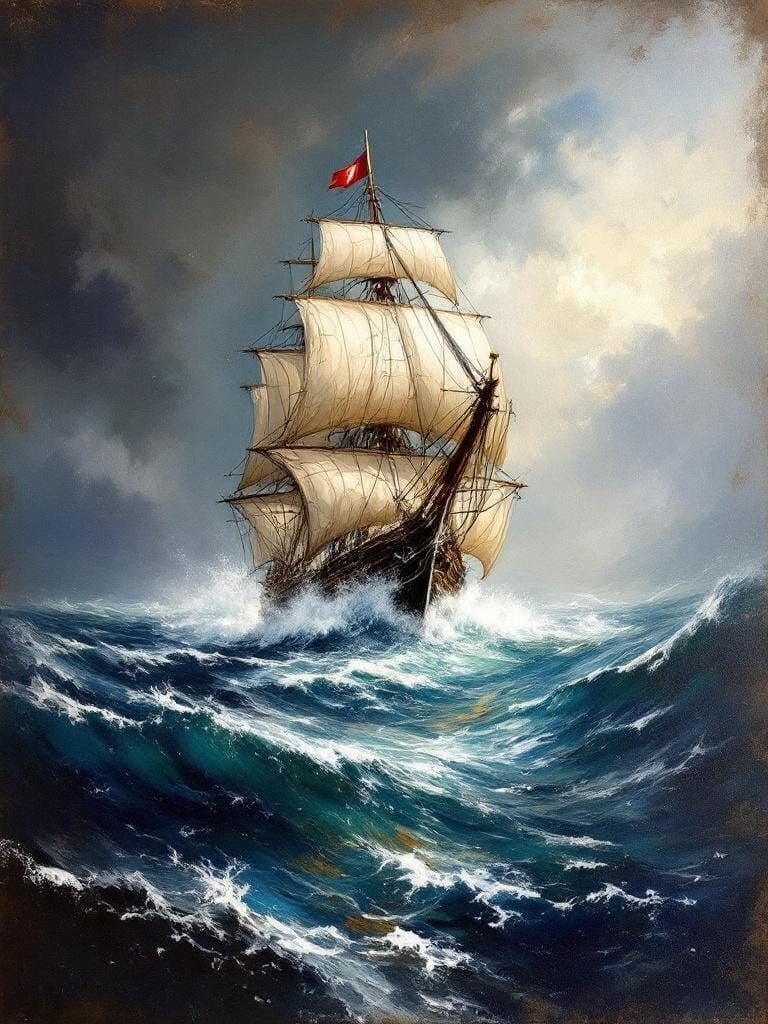 Galleon in Stormy Seas: An Impasto Oil Painting
