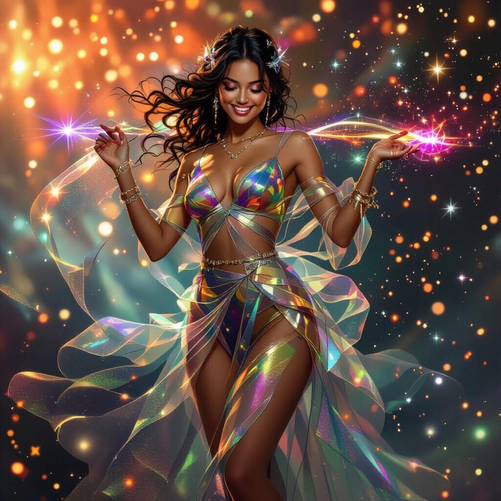 Celestial Woman in Iridescent Gown Amidst Stardust
