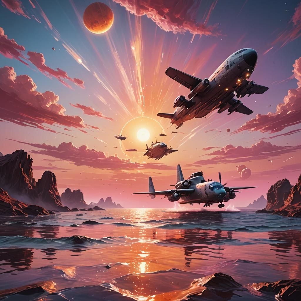 Science Fiction Seaplane Landing on Alien Planet