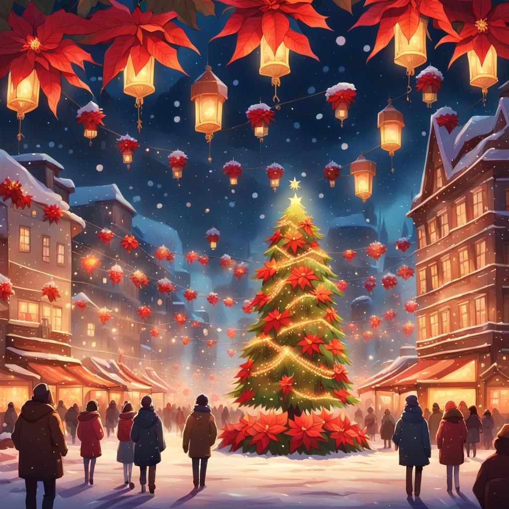 Magical Poinsettia Tree in Bustling City Square