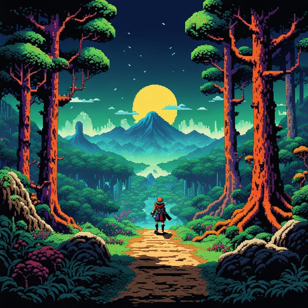 Retro Fantasy Landscape in Vibrant Pixel Art