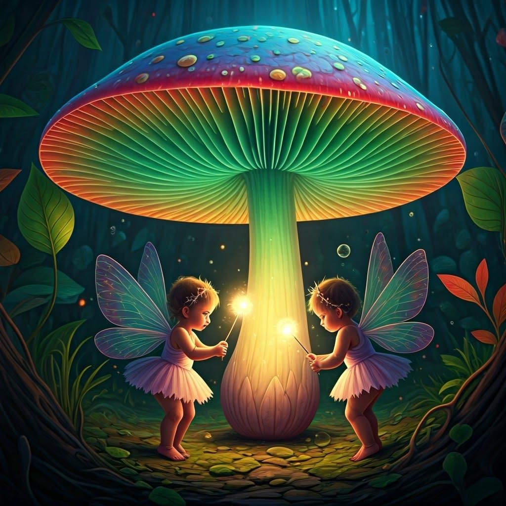 Enchanted Fairies Weaving Magic Beneath Toadstool