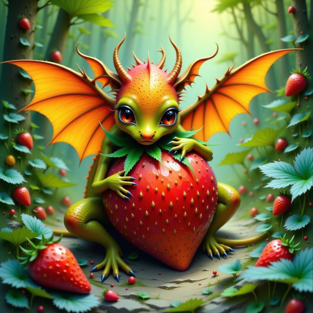 Dragon and Strawberry Fusion in Whimsical Style