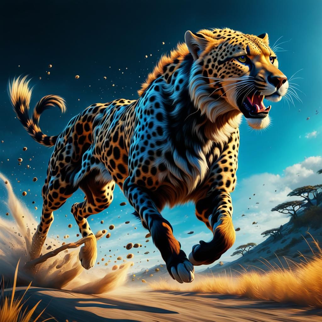 Cheetah Running: Detailed Matte Painting in Deep Color