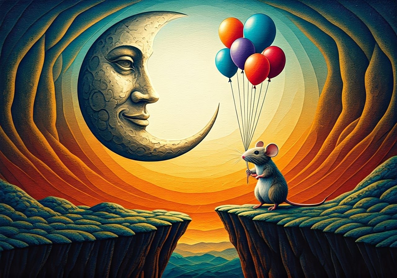 Mouse on Cliff with Balloons in Mixed Media