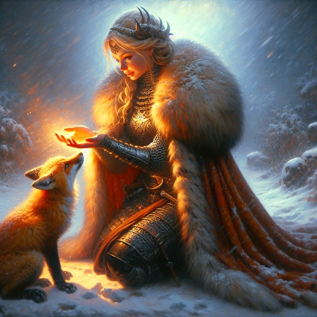 Romantic Winter Goddess Tenderly Warms a Shivering Fox Pup