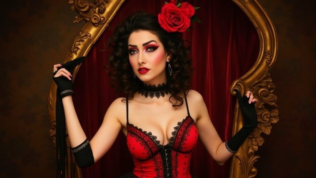 Burlesque Showgirl With Dramatic Makeup In Dynamic Pose