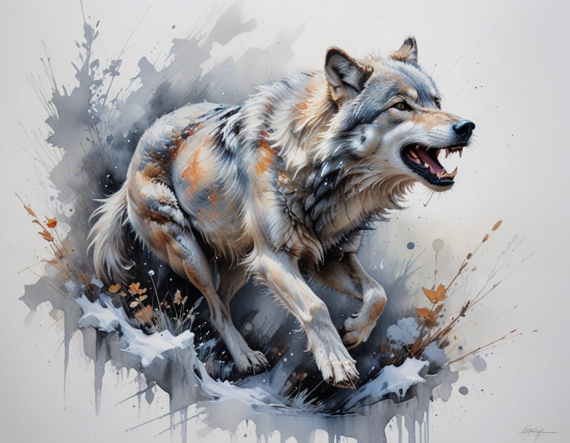 Grey Wolf Mid-Leap in Textured Pastel and Charcoal Blend