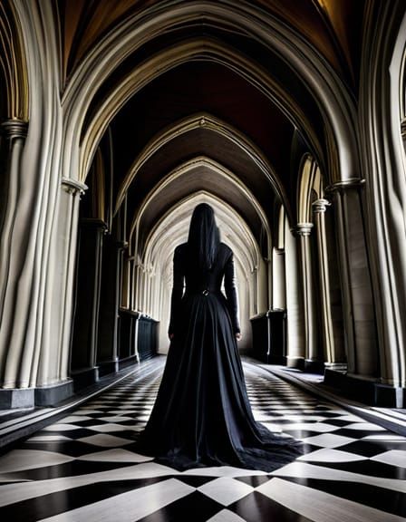 Smoky Ghostly Widow in Baroque Castle Hallway