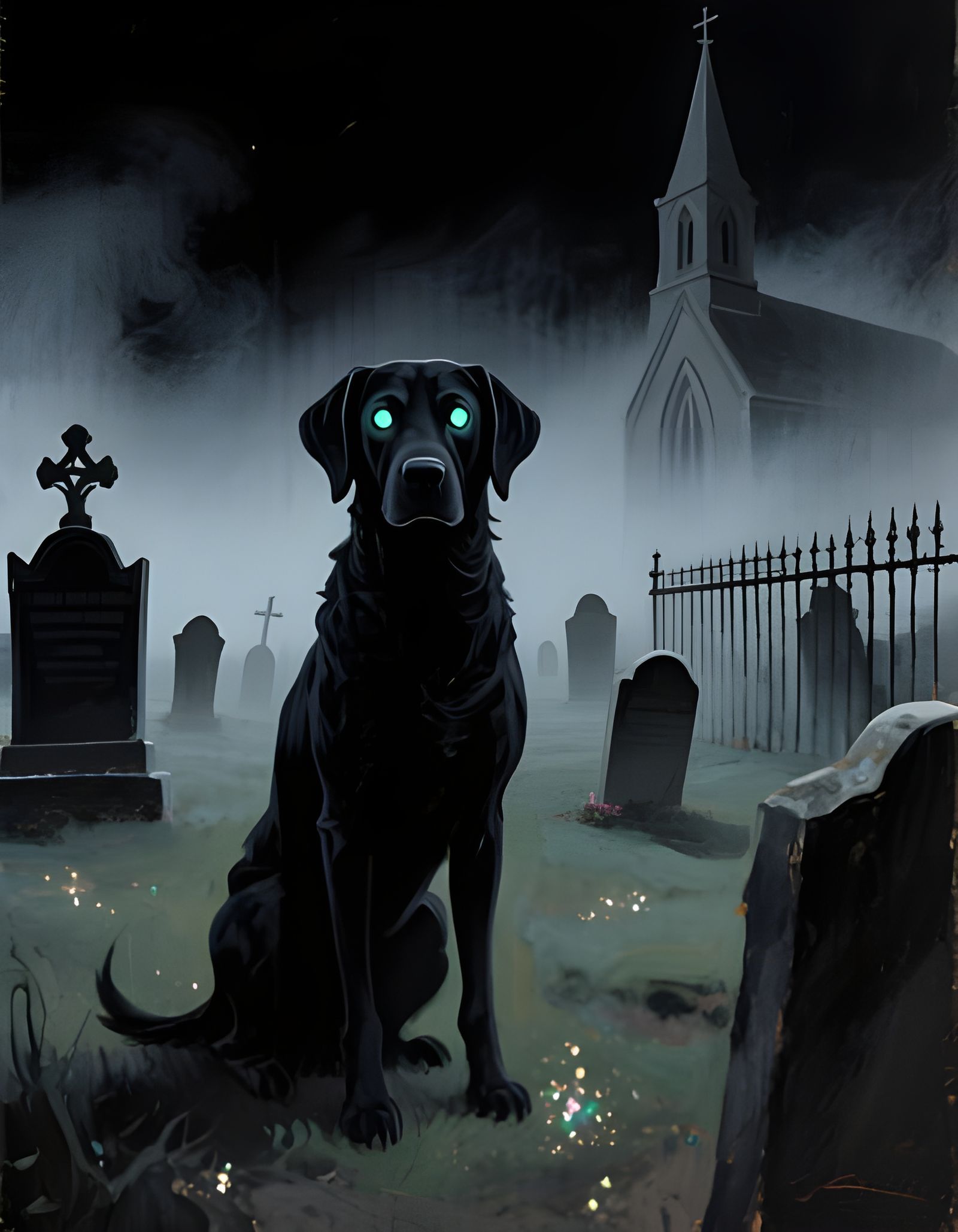Spectral Black Dog in Misty Churchyard