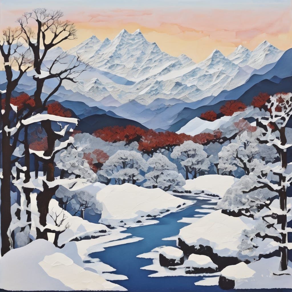 Snowy Landscape in Lace Collage Style