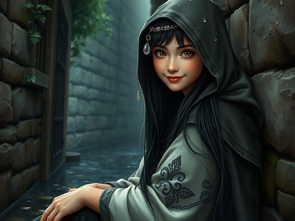 Enchanted Rain-soaked Maiden in Ancient Alleyway