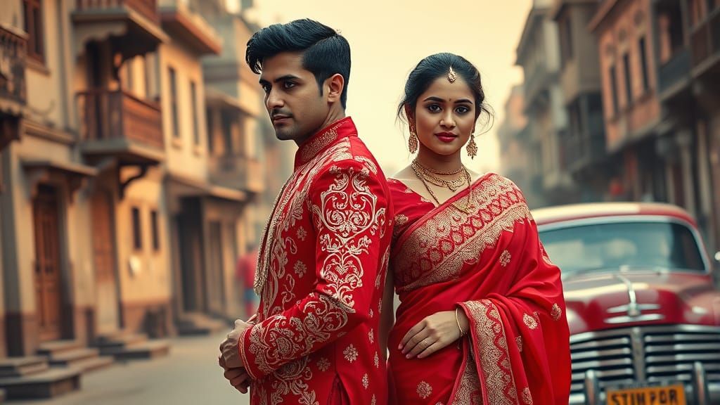 South Asian Couple in Traditional Dress, Vintage Style