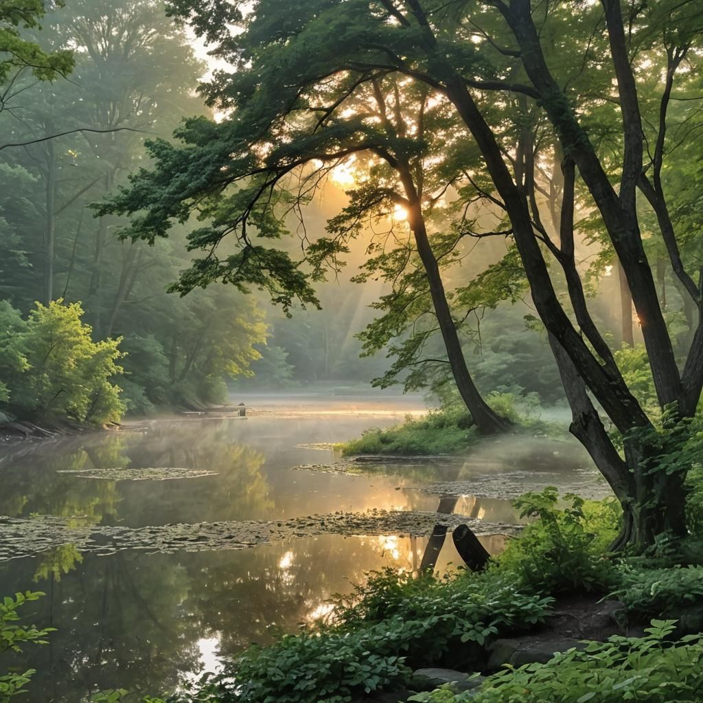 Misty Sunrise Landscape in Impressionist Style