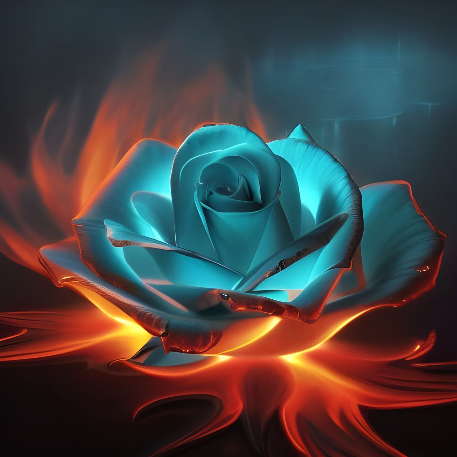 Flaming Rose Reflected in Lava Lake, Photorealistic Art