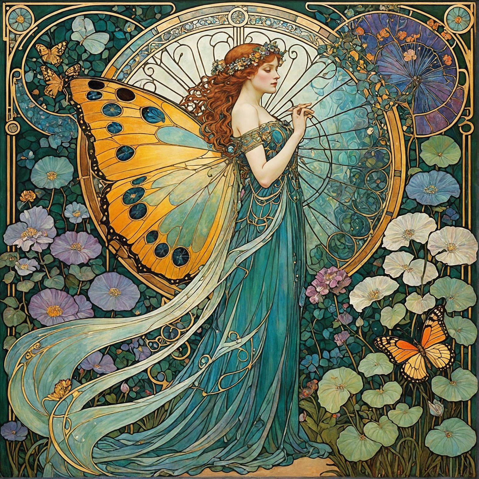 Art by Gustav Klimt, Alphonse Mucha, an ethereal garden scene where every surface is drenched in iridescence, from dew-k...